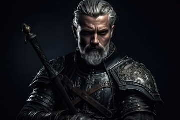 Medieval Warrior in Armor, Brutal Witcher Portrait, Witcher Man, Generative AI Illustration