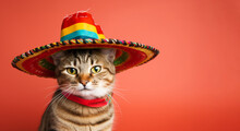 A Cat In A Sombrero On A Red Background