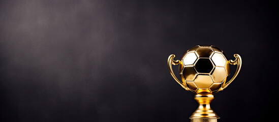 Soccer ball on golden trophy, white background with space for text. Generative AI