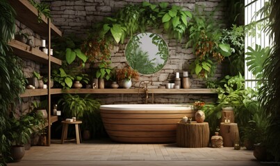 Wall Mural - modern comfortable bathroom interior with a tub decorated with green plants and walls