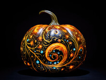 A Painted Pumpkin Sitting On Top Of A Table. Digital Image. Spooky Halloween Decor.