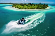 Aerial View Of A Man Riding A Jet Ski On A Tropical Island, Aerial View Of Jet Ski Tropical Ocean Island In Summer, AI Generated