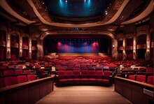 An Empty Theater With Vibrant Red Seats And A Captivating Stage