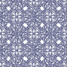 Azulejos - Seamless Pattern. Portuguese Dutch And Oriental Tile In Shades Of In Classic Pale Blue Ang Indigo Colors. Baroque Vector Mosaic. Rococo And Arabesque Ornament