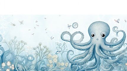 Canvas Print -  a blue octopus with a white background and a white border.  generative ai