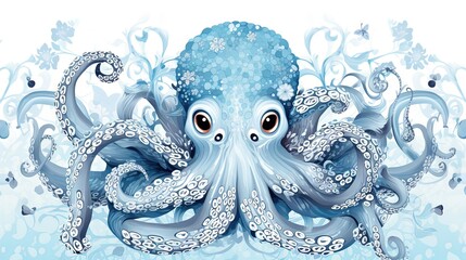 Canvas Print -  an octopus with a blue background and a white background with blue swirls.  generative ai