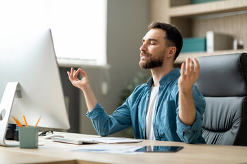 Aufkleber - Coping With Working Stress. Portrait Of Calm Young Businessman Meditating At Office