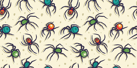 Wall Mural - Halloween seamless pattern with spiders for halloween design. Wallpaper or background with tarantula or insects for october party banner, poster or postcard