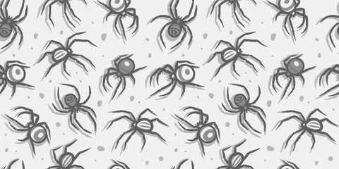 Wall Mural - Halloween seamless pattern with spiders for monochrome halloween design. Wallpaper or background with tarantula or insects for october party banner, poster or postcard