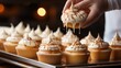 Stock image Pastry chef piping cream onto cupcakes. . . allow copy space, social media banner, bright palette, farmcore, barbiecore
