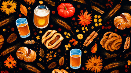 Wall Mural - German Oktoberfest themed background or texture. Harvest festival and celebration with beer, edelweiss, grains, and leaves.