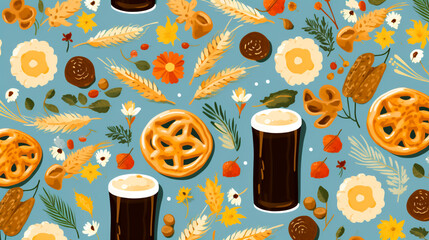 Wall Mural - German Oktoberfest themed background or texture. Harvest festival and celebration with beer, edelweiss, grains, and leaves.