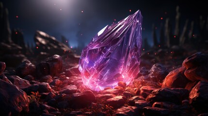 Wall Mural - Purple gem in space with colorful light in the gemstone and a starry sky in the background, whimsically, shiny, mysterious, unreal engine 5, 3D rending, trending on ArtStation