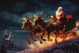 Fototapeta  - Der Weihnachtsmann reitet auf seinen Schlitten über den Wolken, Rentiere ziehen den Schlitten, Santa Claus riding his sleigh above the clouds, reindeer pulling the sleigh