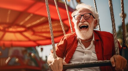 Wall Mural - Funny and smiling elderly man of about 90 has fun on the swing, radiating joy and happiness. Generative AI