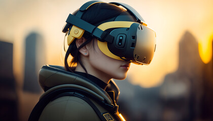 Poster - Women wearing VR headset, Immerse yourself in the world of virtual reality as a woman wears a VR headset. Experience her journey through the digital realm. Virtual Reality Exploration, VR world.