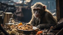 Hungry Thin Dirty Monkey In A Garbage Dump Eating Food Waste, Photo Realistic