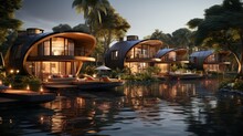 Floating Ecovillage Concept, Designed For The Serene Backwaters Of Kerala, India ::2.5 , Bamboo Structures, Solar Sails, Rainwater Collectors, Photorealistic, Gentle Morning Light, Wideangle View,
