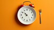 Alarm clock with fork and knife on orange background. Banner copy space. Concept of healthy eating. Ai generated