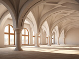 Fototapeta Perspektywa 3d - long corridor with big windows, arches . Generative AI