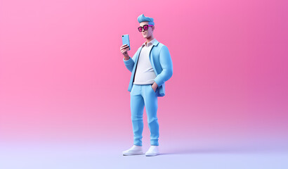 3d illustration of cartoon young man with smartphone isolated on bright background