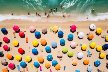 Wall Mural - Aerial view of tropical beach with colorful umbrellas