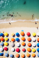 Wall Mural - Aerial view of tropical beach with colorful umbrellas