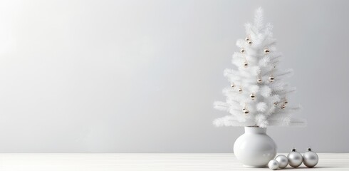 Poster - Christmas, New Year home decor. Empty white wall mock up with fir branches in a vase on a white table. created with Generative AI technology