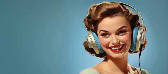 Cool Retro 1950s Woman Listening to Music with Headphones with Copy Space