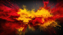 Red And Yellow Colored Powder Explosions On Black Background. Holi Paint Powder Splash In Colors Of Spanish Flag