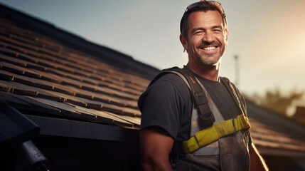 A construction worker is laying shingles on a roof. Generative AI