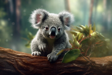 Poster -  A cute and cuddly koala perched on a tree branch, capturing its fluffy fur and laid-back nature. Generative AI technology.