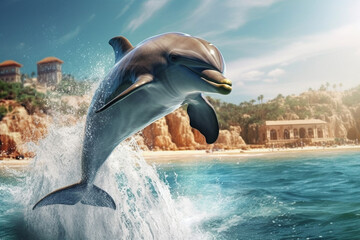 Poster -  A mesmerizing shot of a dolphin leaping out of the water, showcasing its grace and playful nature.  Generative AI technology.