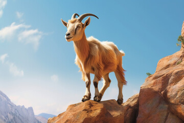 Aufkleber - A playful photograph of a goat perched on a rocky ledge, showcasing its agility and curious nature.  Generative AI technology.