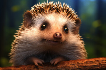 Poster -   A close-up image of a hedgehog, displaying its spiky quills and adorable face. Generative AI technology.