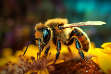 Poster - A close-up shot of a bee collecting nectar, showcasing its fuzzy body and busy nature.  Generative AI technology.