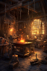 Poster - An image of a traditional blacksmith workshop with various tools and equipment neatly arranged, showcasing the rich history and tradition of blacksmithing.  Generative AI technology.