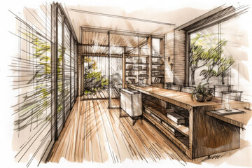 Detail focused hand drawn sketch of the interior of a sleek modern home. Generative AI