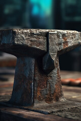 Poster -  A close-up of a blacksmith's anvil, showcasing the worn surface and markings from years of use and craftsmanship.  Generative AI technology.