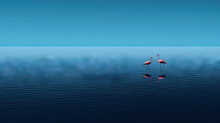 Poster -  two flamingos are standing in the middle of the water.  generative ai