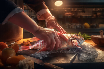 Aufkleber -  An image of a butcher's hands skillfully deboning a fish, illustrating the expertise and versatility of a professional butcher in handling seafood.  Generative AI technology.