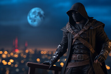 Poster -  An image of a bandit with a black mask and a long coat, standing on a rooftop with the moon in the background. Generative AI technology.