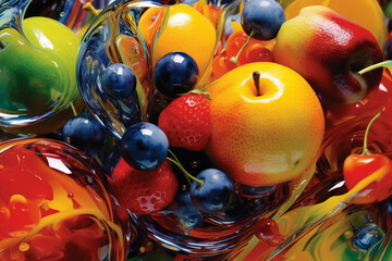 Poster - An abstract glass blowing artwork that incorporates fruit-inspired elements, with vibrant colors, swirling patterns, and unique shapes,  Generative AI technology.
