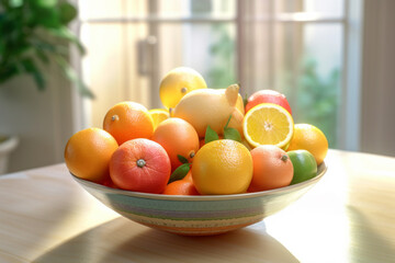 Poster - An image of a bowl of mixed citrus fruits, including oranges, grapefruits, and lemons, capturing their tangy flavors and refreshing qualities.  Generative AI technology.