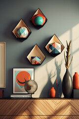 Poster - A set of geometric-themed home decor items for a gentleman's space, including vases, lamps, and wall art,  Generative AI technology.