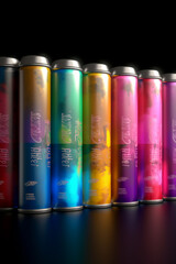Poster -  A series of aerosol paint cans arranged in a rainbow gradient, representing a wide range of colors and shades available for artistic expression.  Generative AI technology.