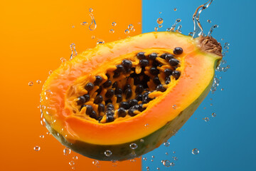 Aufkleber - An abstract surreal photograph of a Papaya splashed in bright paint, symbolizing freshness and health.  Generative AI technology.