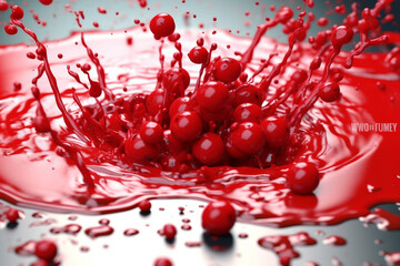 Poster - An abstract surreal photograph of a Cranberry splashed in bright paint, symbolizing freshness and health.  Generative AI technology.
