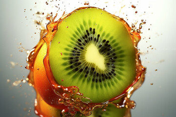 Poster - An abstract surreal photograph of a Kiwifruit splashed in bright paint, symbolizing freshness and health.  Generative AI technology.