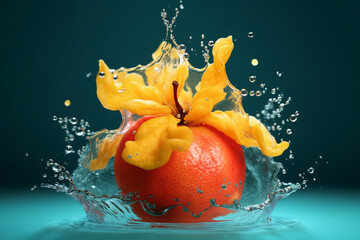 Poster - An abstract surreal photograph of a Quince splashed in bright paint, symbolizing freshness and health. Generative AI technology.